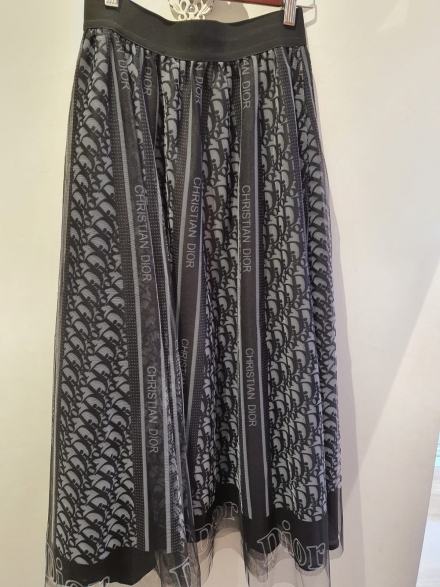 CHRISTIAN DIOR Grey/Black Logo Print Sheer Pleated Nylon Midi Skirt ...