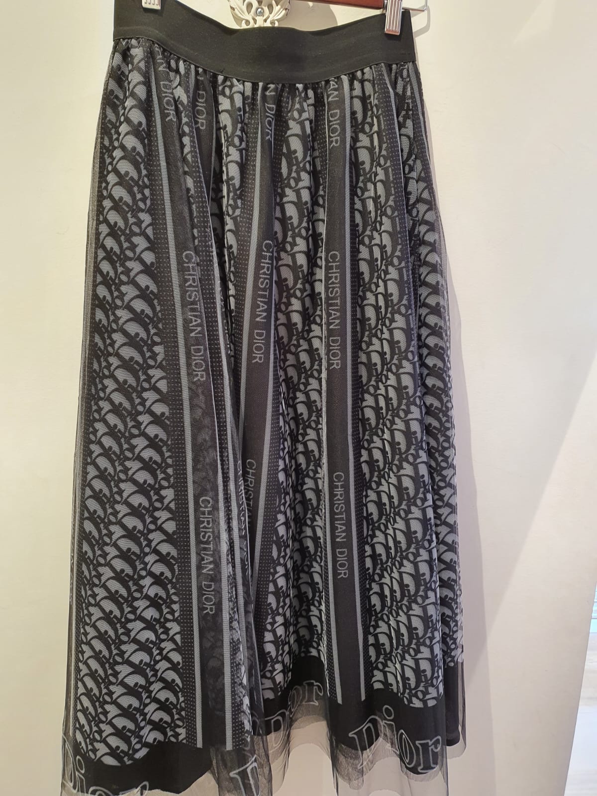 CHRISTIAN DIOR GreyBlack Logo Print Sheer Pleated Nylon Midi Skirt Size S   JAdore La Robe  Dress Hire